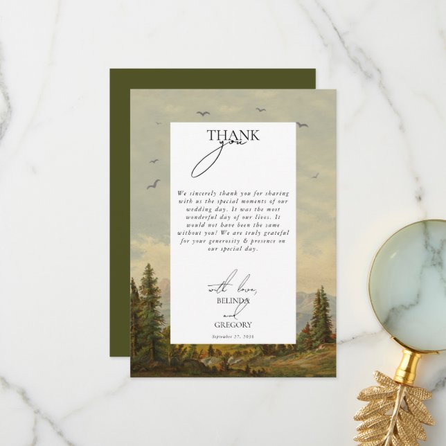 Cartão De Agradecimento Casamento das Montanhas da Floresta de Pinheiros d (Frente/Verso In Situ)