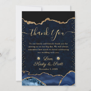 Cartão De Agradecimento Casamento de Ágata Brilhante Azul e Dourado