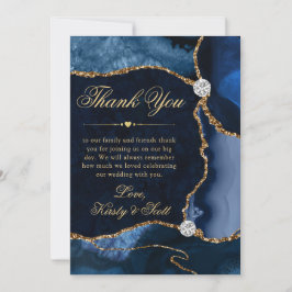 Cartão De Agradecimento Casamento de Ágata Brilhante Azul e Dourado Elegan
