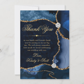 Cartão De Agradecimento Casamento de Ágata Brilhante Azul e Dourado Elegan