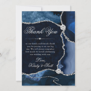 Cartão De Agradecimento Casamento de Ágata Brilhante Azul e Prata Elegante