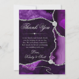 Cartão De Agradecimento Casamento de Ágata com Brilho Roxo e Prata Elegant