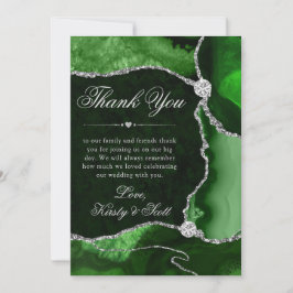Cartão De Agradecimento Casamento de Ágata Verde e Prata Elegante com Bril