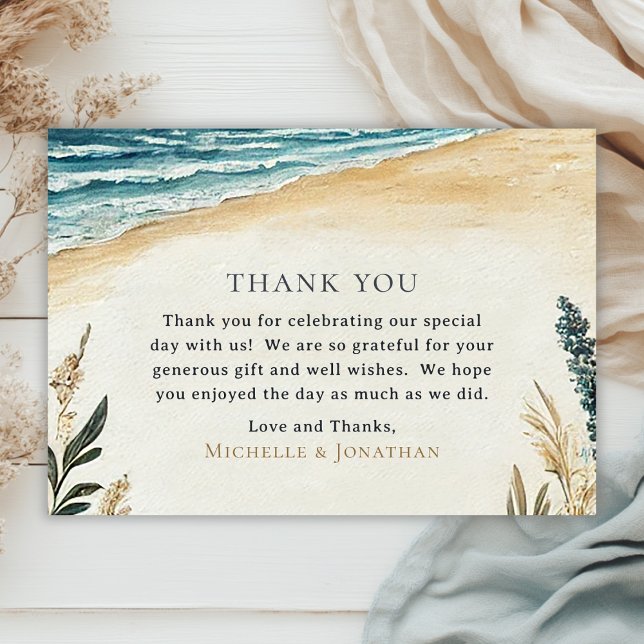Cartão De Agradecimento Casamento de Aquarela de Praia Chic Costeira (Front - Coastal Chic Beach Watercolor Wedding Thank You Card)