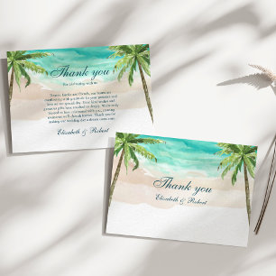 Cartão De Agradecimento Casamento de Aquarela Tropical Beach e Palm Trees