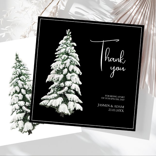 Cartão De Agradecimento Casamento de Árvore de Natal da Neve Negra de inve (Winter Black and White Snowy Pine Tree Wedding Thank You Card)