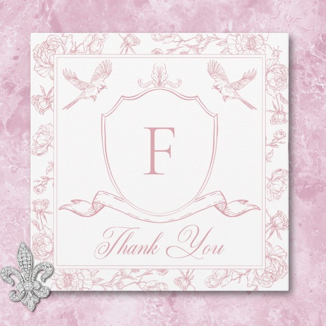 Cartão De Agradecimento Casamento de aves e crest, pintadas e pintadas (Elegant Pink Chinoiserie Bird & Crest Wedding Thank You Card)