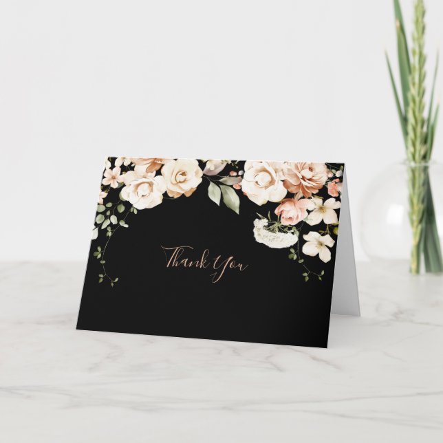 Cartão De Agradecimento Casamento de Black Formal Royal Floral Dobrado (Frente)