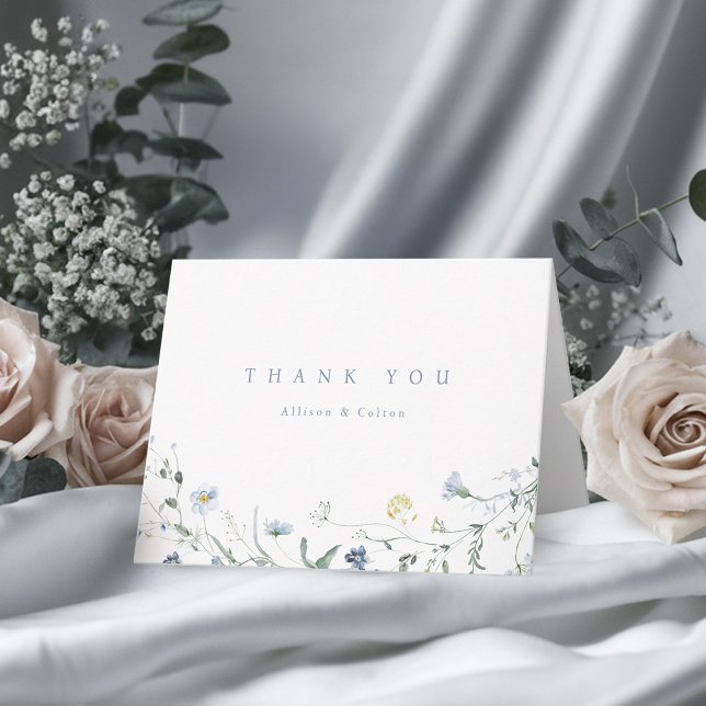 Cartão De Agradecimento Casamento de Boho Russo de Flor Selvagem Azul Eleg (Elegant Dusty Blue Wildflower Rustic Boho Wedding Thank You Card)