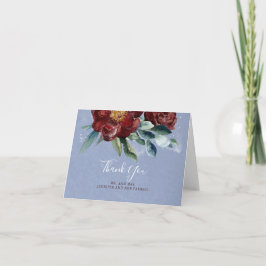 Cartão De Agradecimento Casamento de Borgonha e Azul Dusty Floral Obrigado