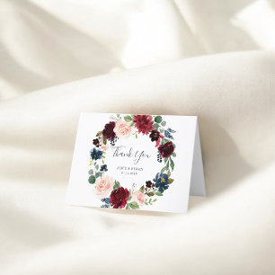 Cartão De Agradecimento Casamento De Borgonha E Marinho Azul Floral Elegan