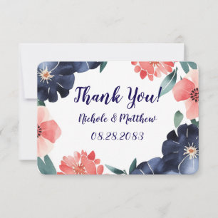 Cartão De Agradecimento Casamento de Buquê de Pintura Azul e Coral