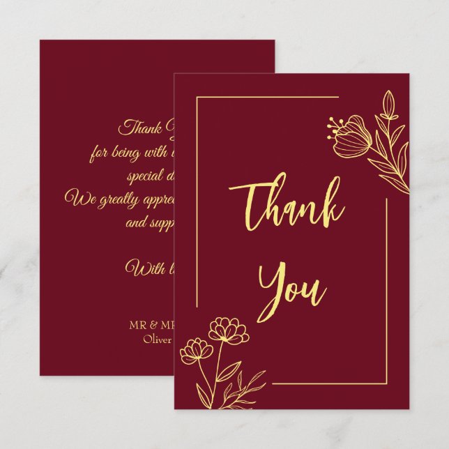 Cartão De Agradecimento Casamento de burgundy com flores de ouro simples (Frente/Verso)