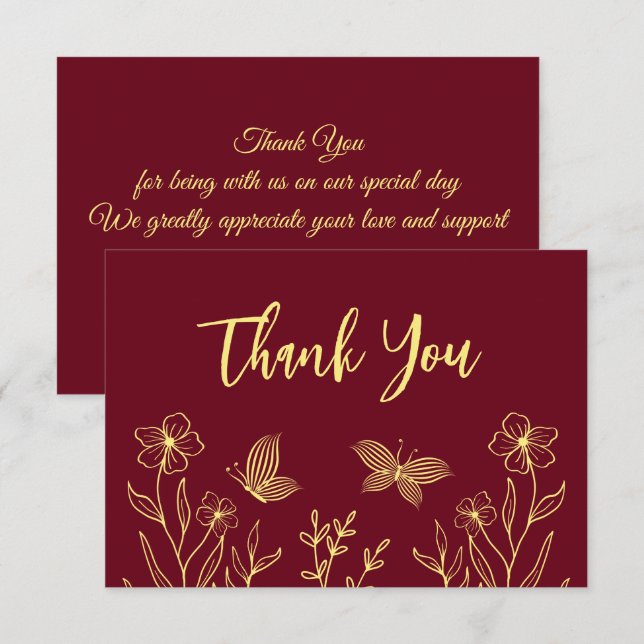 Cartão De Agradecimento Casamento de burgundy com flores de ouro simples (Frente/Verso)