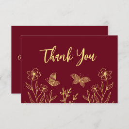 Cartão De Agradecimento Casamento de burgundy com flores de ouro simples