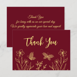 Cartão De Agradecimento Casamento de burgundy com flores de ouro simples