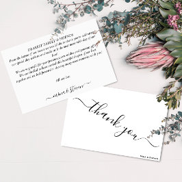 Cartão De Agradecimento Casamento de caligrafia minimalista em preto e bra