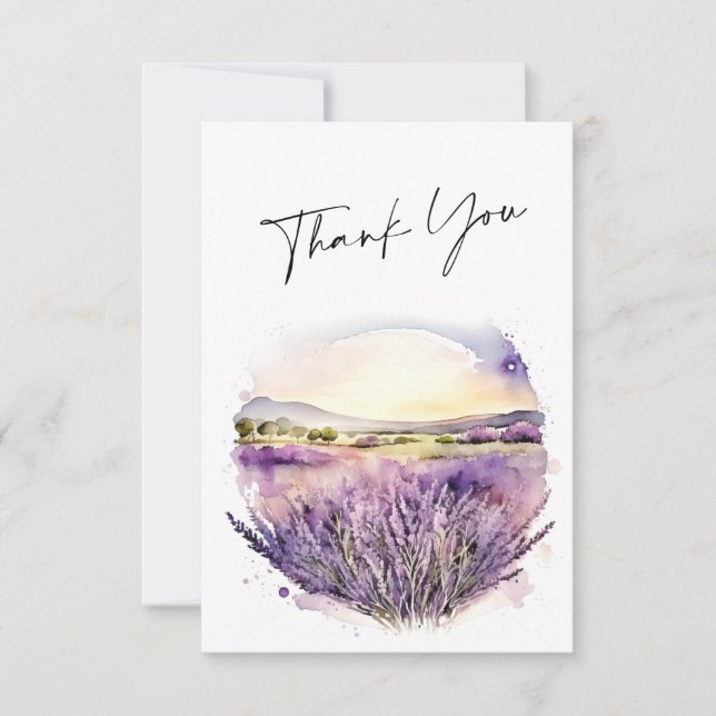 Cartão De Agradecimento Casamento de Campo das Flores de Lavanda de Aquare (Frente)