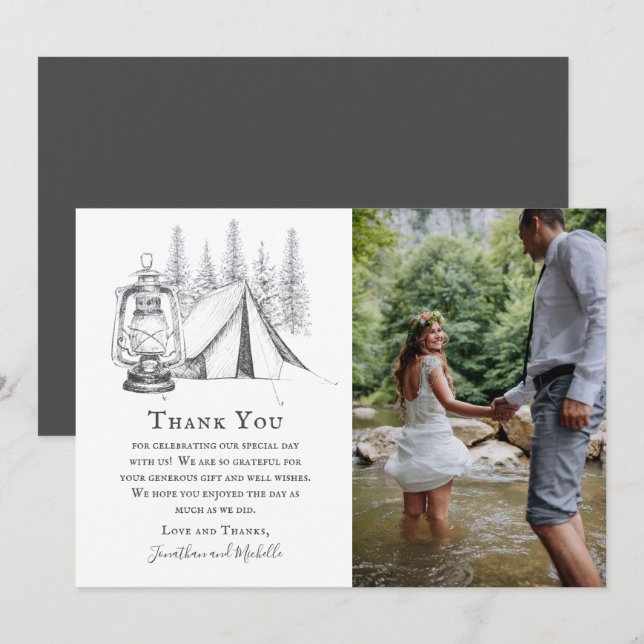Cartão De Agradecimento Casamento de Campos de Tent, Lanterna e Woodland (Frente/Verso)