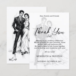 Cartão De Agradecimento Casamento de Casal Esboço de Carvão de Moda Modern