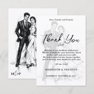 Cartão De Agradecimento Casamento de Casal Esboço de Carvão de Moda Modern