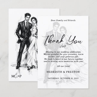 Cartão De Agradecimento Casamento de Casal Esboço de Carvão de Moda Modern