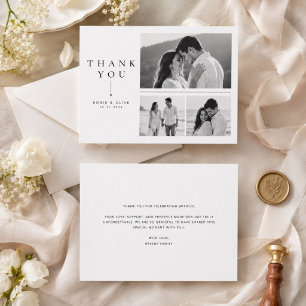 Cartão De Agradecimento Casamento de casal moderno com três fotos em preto