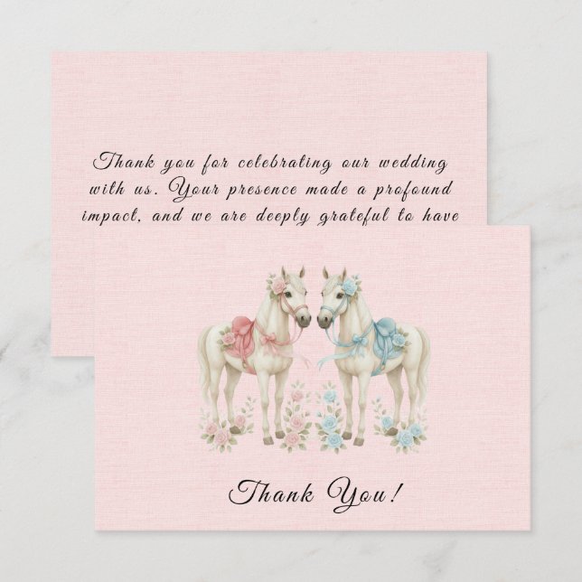 Cartão De Agradecimento Casamento de Cavalo de Aquarela Flores Rosa (Frente/Verso)