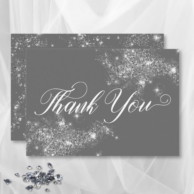 Cartão De Agradecimento Casamento de Cinzas Mínimas Modernas e Óculos Bran (Modern Minimal Gray & White Glam Diamonds Wedding Thank You Card)