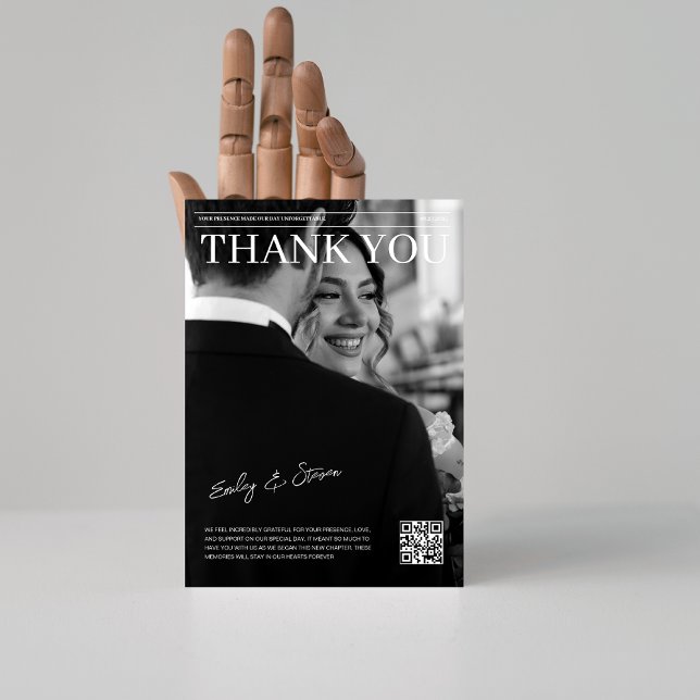 Cartão De Agradecimento Casamento de cobrir da revista de código QR preto  (Criador carregado)