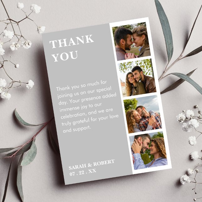 Cartão De Agradecimento Casamento de Colagem de Booth com Foto Branca e ci (Grey & White Photo Booth Collage Wedding Thank You Card)