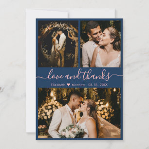 Cartão De Agradecimento Casamento de Colagem de Fotografias Rosa 3 Elegant