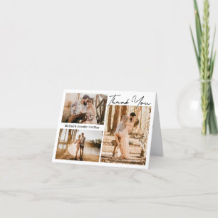 Cartão De Agradecimento Casamento de Colagem de Fotos 3 Script Moderno Ele