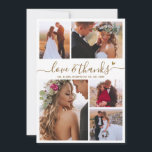 Cartão De Agradecimento Casamento de Colagem de Fotos com Script de Coraçã<br><div class="desc">Script Elegante Dourado "Amor e obrigados" Script 5 Foto Collage Casamento Obrigado Cartões. Cartões de agradecimentos de casamento moderno e mínimo com cinco (5) fotos na frente e uma (1) foto no verso. Com o texto "Amor e obrigados" em uma bonito letra escrita de tipografia, com pouco amor de coração...</div>