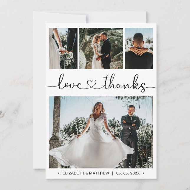 Cartão De Agradecimento Casamento de Colagem de Fotos com Script de Coraçã (Frente)