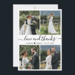 Cartão De Agradecimento Casamento de Colagem de Fotos com Script de Obriga<br><div class="desc">Elegante, minimalista, preto e branco, escrevendo fotos colagem fotográfica personalizada de cartões de agradecimentos de casamento. modelo de cartões de agradecimentos de casamento com quatro (4) fotos na frente e uma (1) foto no verso. Com o texto "Amor e obrigados" em um robusto guiado de letras tipográficas, o script de...</div>
