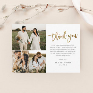 Cartão De Agradecimento Casamento de Colagem de Fotos com Script Dourado M