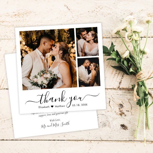 Cartão De Agradecimento Casamento de Colagem de Fotos com Script Minimalis (Criador carregado)