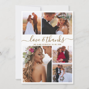 Cartão De Agradecimento Casamento de Colagem de Fotos de Script Dourado de