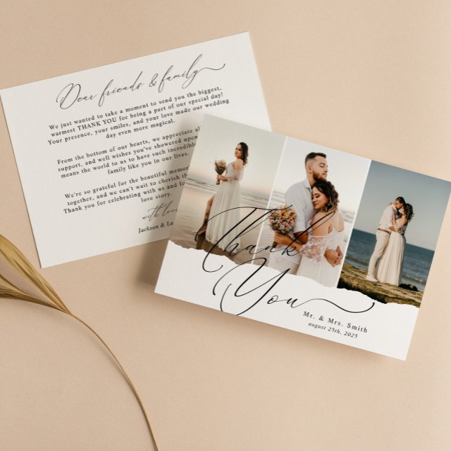 Cartão De Agradecimento Casamento de Colagem de Fotos do Elegant Script Ca (Criador carregado)