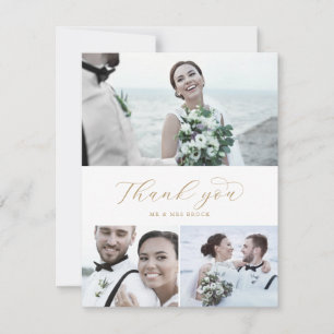 Cartão De Agradecimento Casamento de Colagem de Fotos do Elegante Dourado