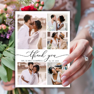 Cartão De Agradecimento Casamento de Colagem de Fotos do Script 6 Moderno 