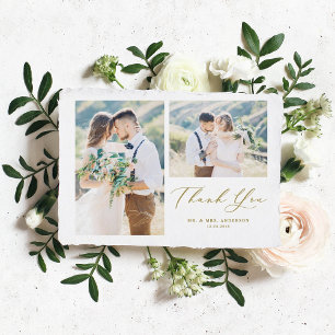 Cartão De Agradecimento Casamento de Colagem de Fotos Dourada por Caligraf