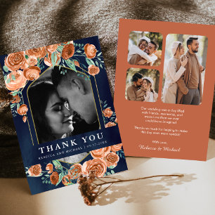 Cartão De Agradecimento Casamento de colagem de fotos em azul naval floral