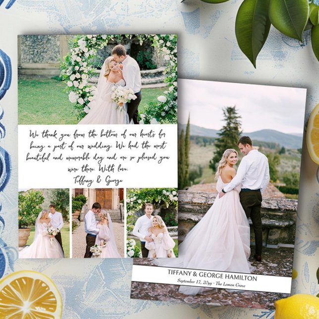 Cartão De Agradecimento Casamento de Colagem de Fotos Manuscrito (Handwritten photo collage wedding thank you card by Darling & May)