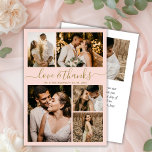 Cartão De Agradecimento Casamento de Colagem de Fotos por Amor e Obrigados<br><div class="desc">Colagem de Fotos Elegante, Minimalista, Dourada e Blush Wedding 5, Obrigado Cartões. Cartões de agradecimentos de casamento moderno com cinco (5) fotos na frente e uma (1) foto no verso. Com o texto "Amor e obrigados" em uma letra de escrita tipográfica escrita escrita à mão, robusta, em ouro, sobre fundo...</div>