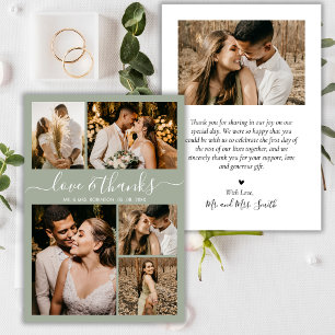 Cartão De Agradecimento Casamento de Colagem de Fotos Verde com Obrigados