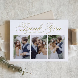 Cartão De Agradecimento Casamento de Colagem de Três Fotos com Rótulo Dour