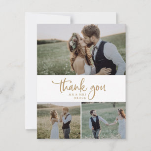 Cartão De Agradecimento Casamento de Colagem Fotográfica do Script Dourad