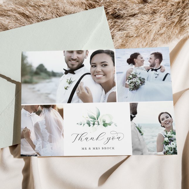 Cartão De Agradecimento Casamento de Colagem Fotográfica Elegante Greenery (Criador carregado)